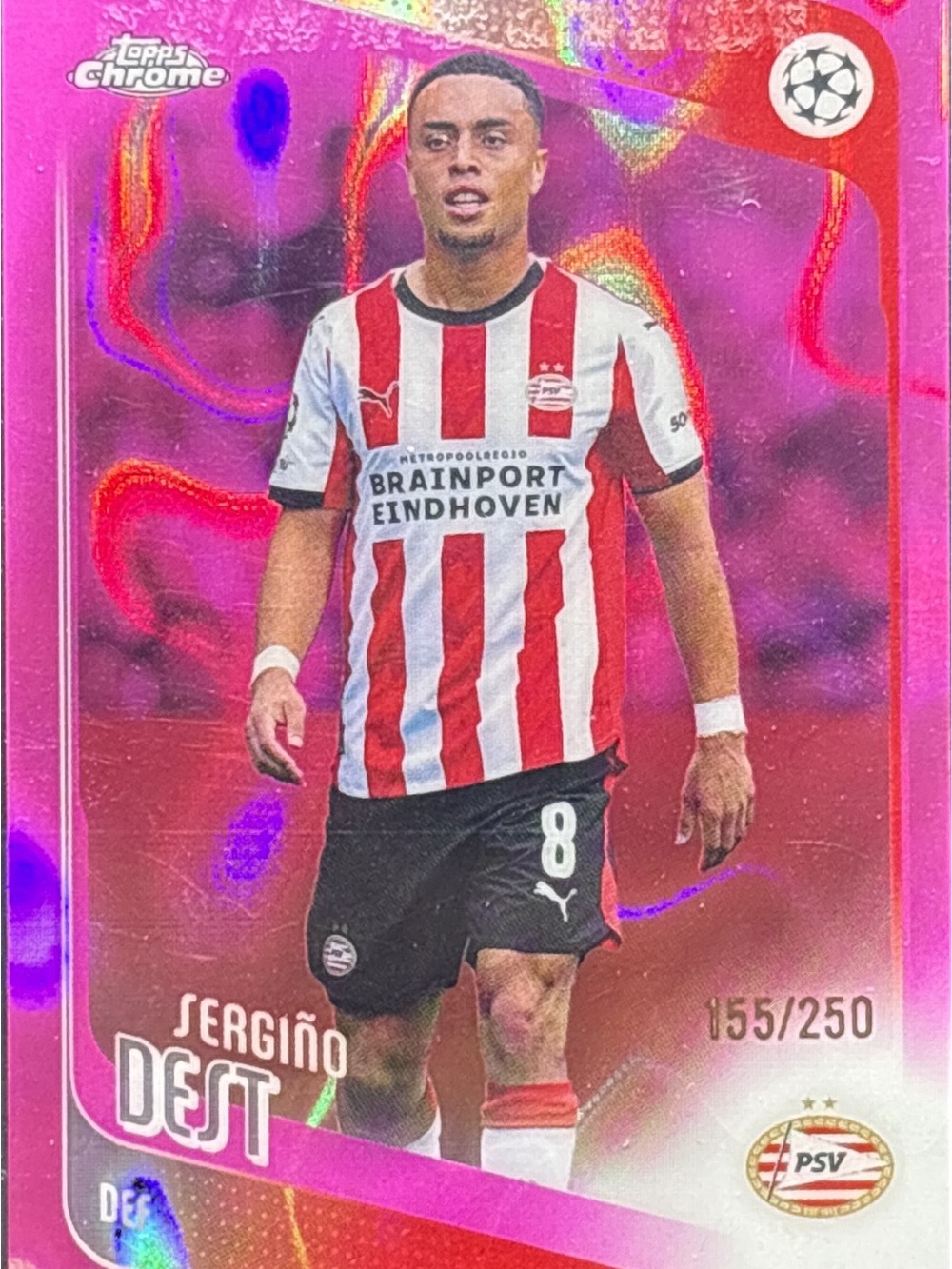Topps Chrome PSV Eindhoven Sergiño Dest Trading Card Pink Refractor LE 155/250